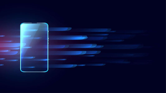 Smartphone illustrating fast charging technology with glowing motion lines on a dark background.