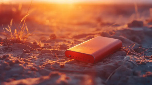 Portable power bank exposed to sunlight on sandy ground, illustrating how temperature affects battery performance and efficiency outdoors.