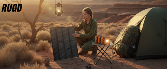 Campers comparing solar panels and a RUGD power bank at a campsite, highlighting portable charging solutions for off-grid adventures.