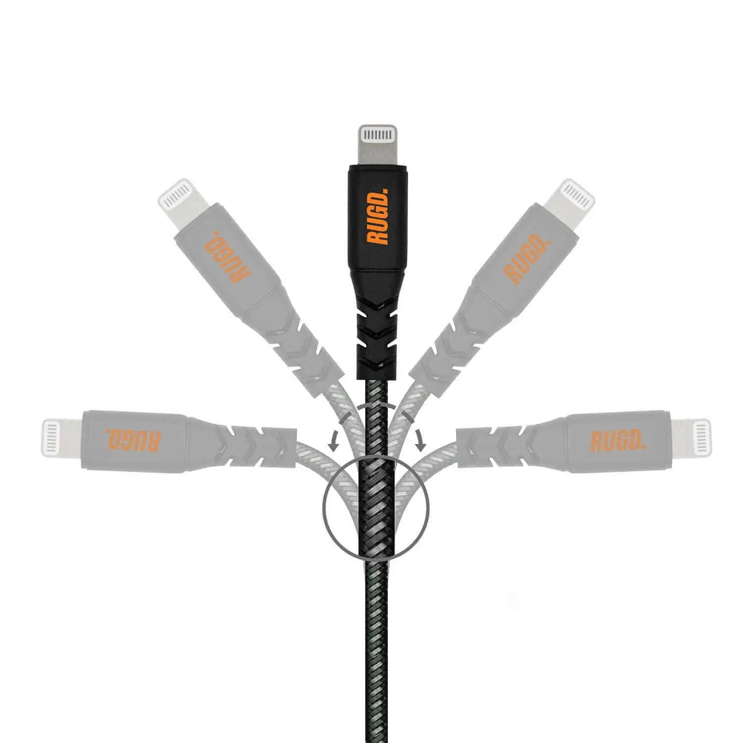 Rhino Power Lightning MFi to USB-C Charging Cable demonstrating flexibility and durability with multiple bend positions