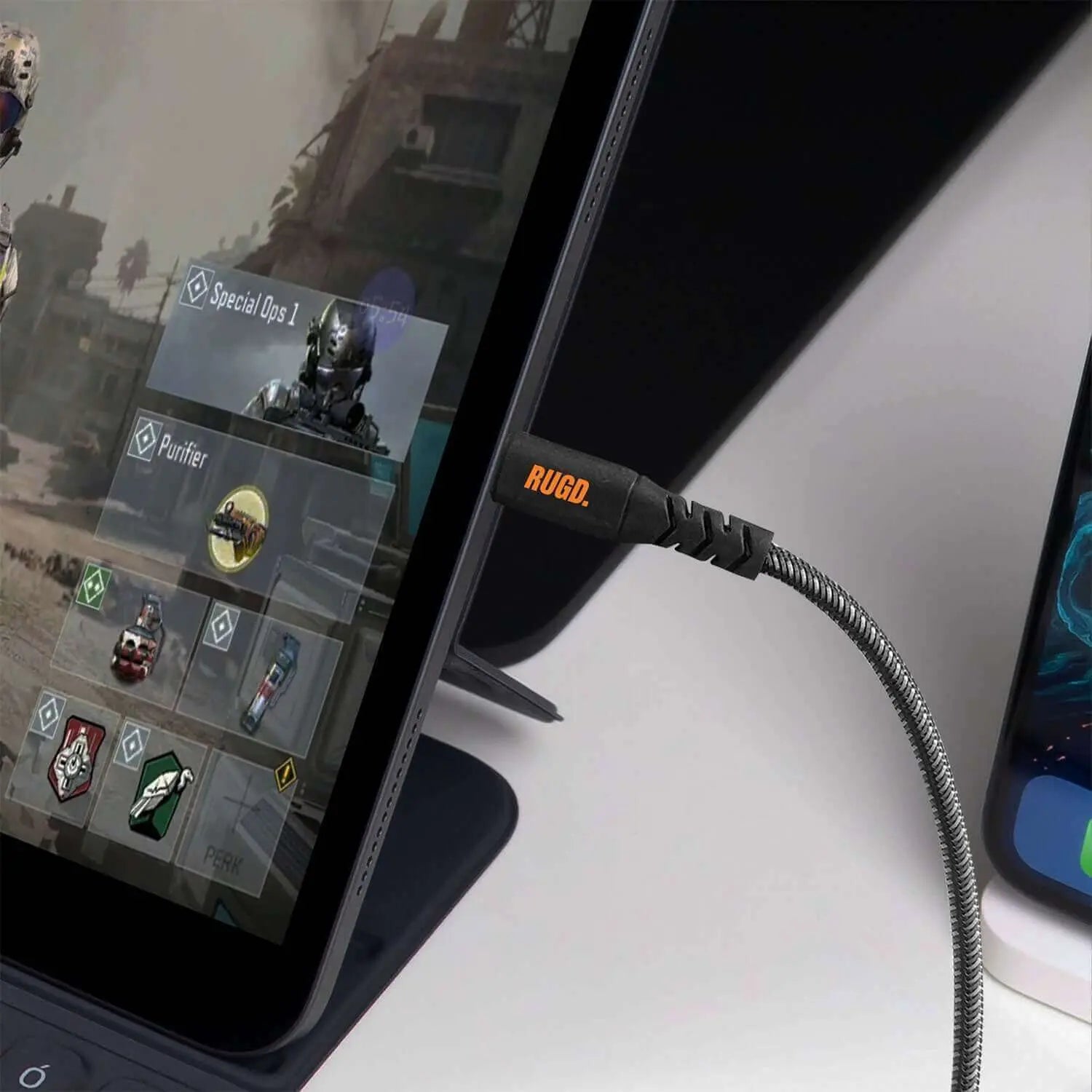 Rhino Power Lightning cable connected to a tablet, showcasing super fast charging and durability for gaming and more.