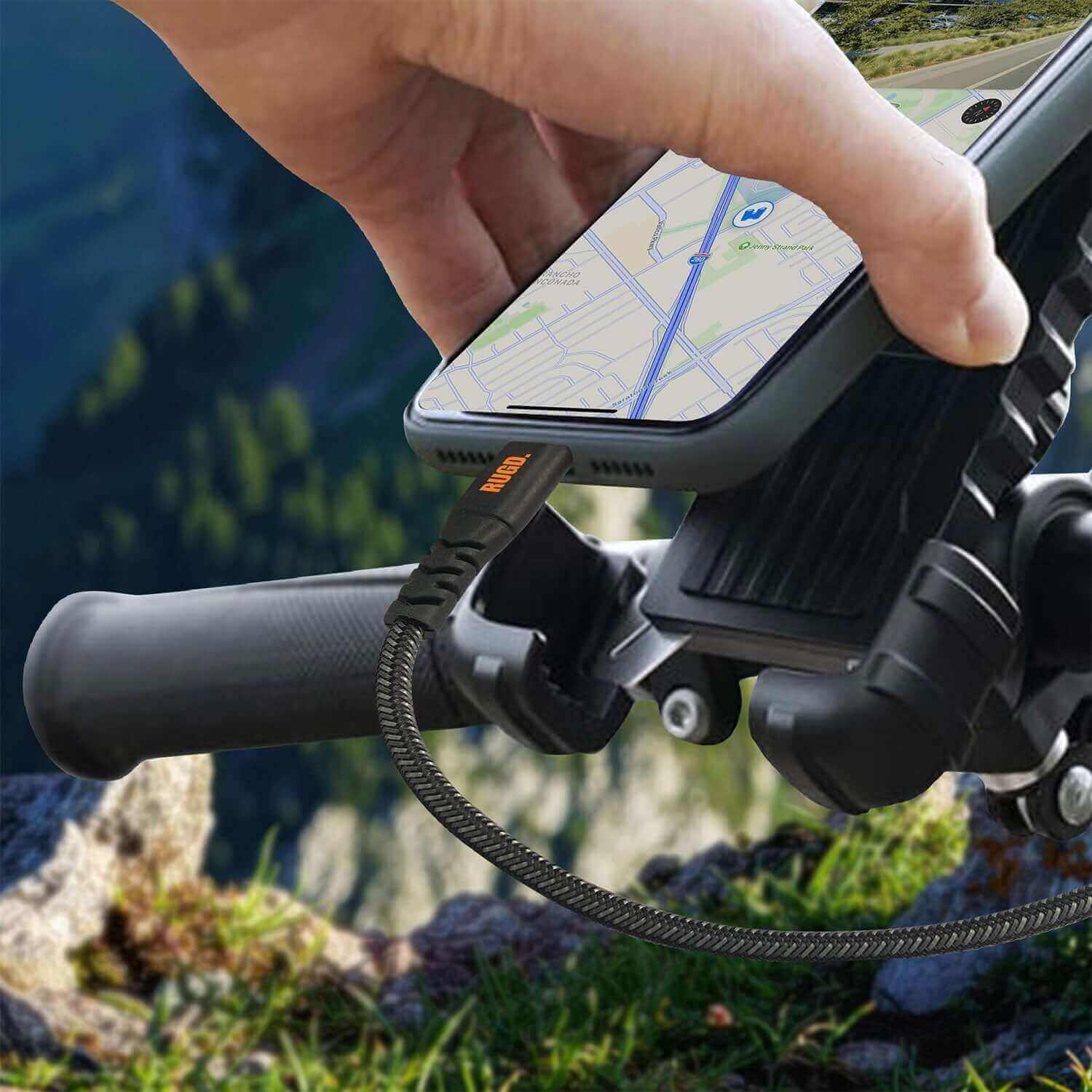 Charging smartphone with Rhino Power Lightning MFi to USB-C Cable for navigation while biking outdoors