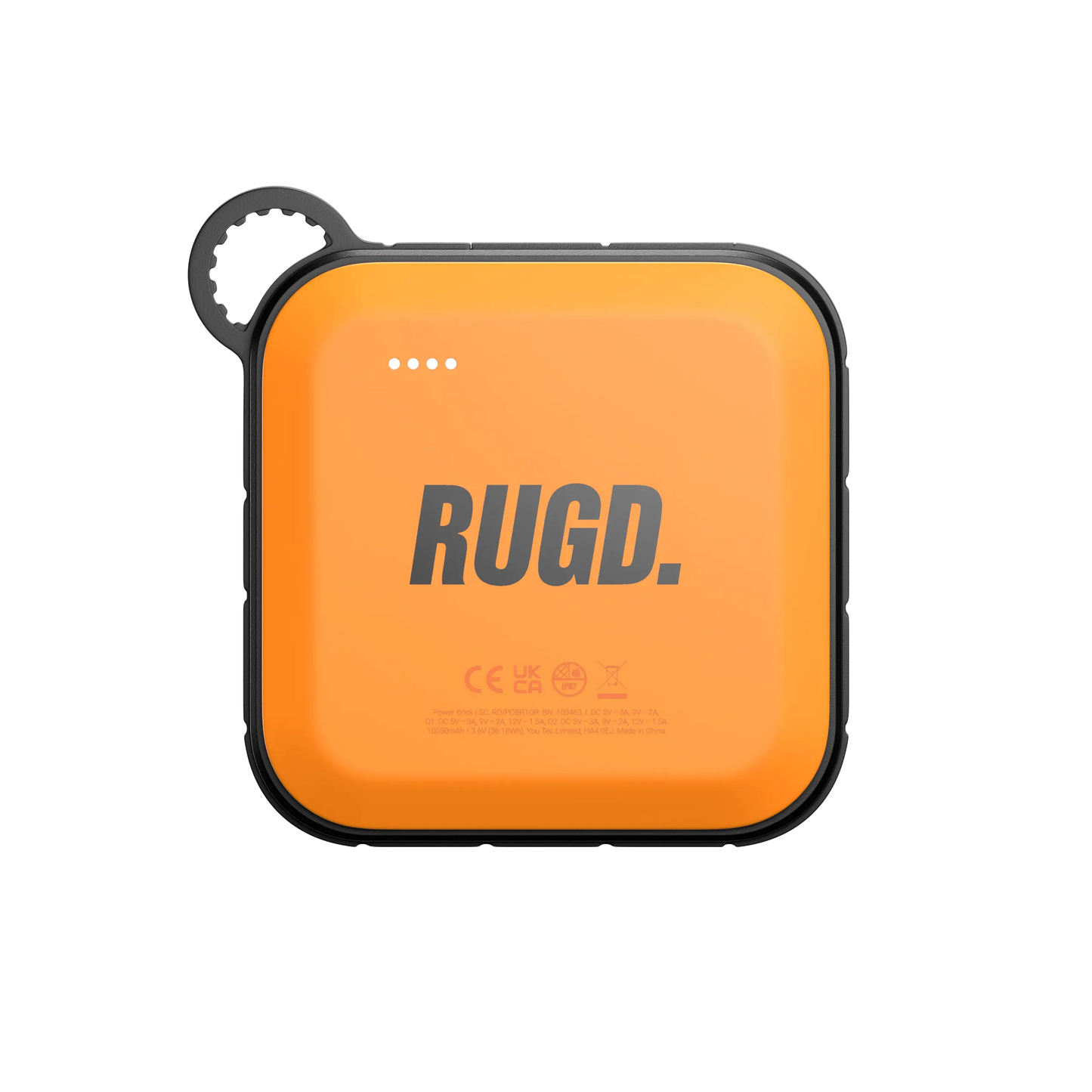 RUGD Power Brick I, an orange camping power bank with charging indicators and a loop for easy carrying.