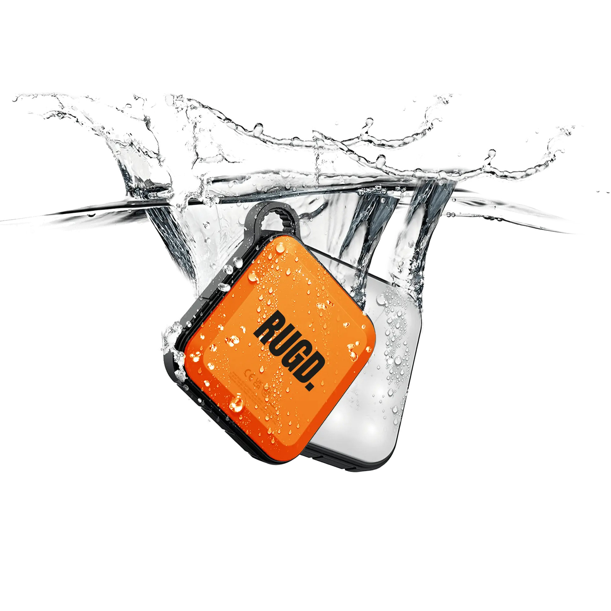 RUGD Power Brick I power bank submerged in water, showcasing its adventure-ready design for camping and outdoor use.