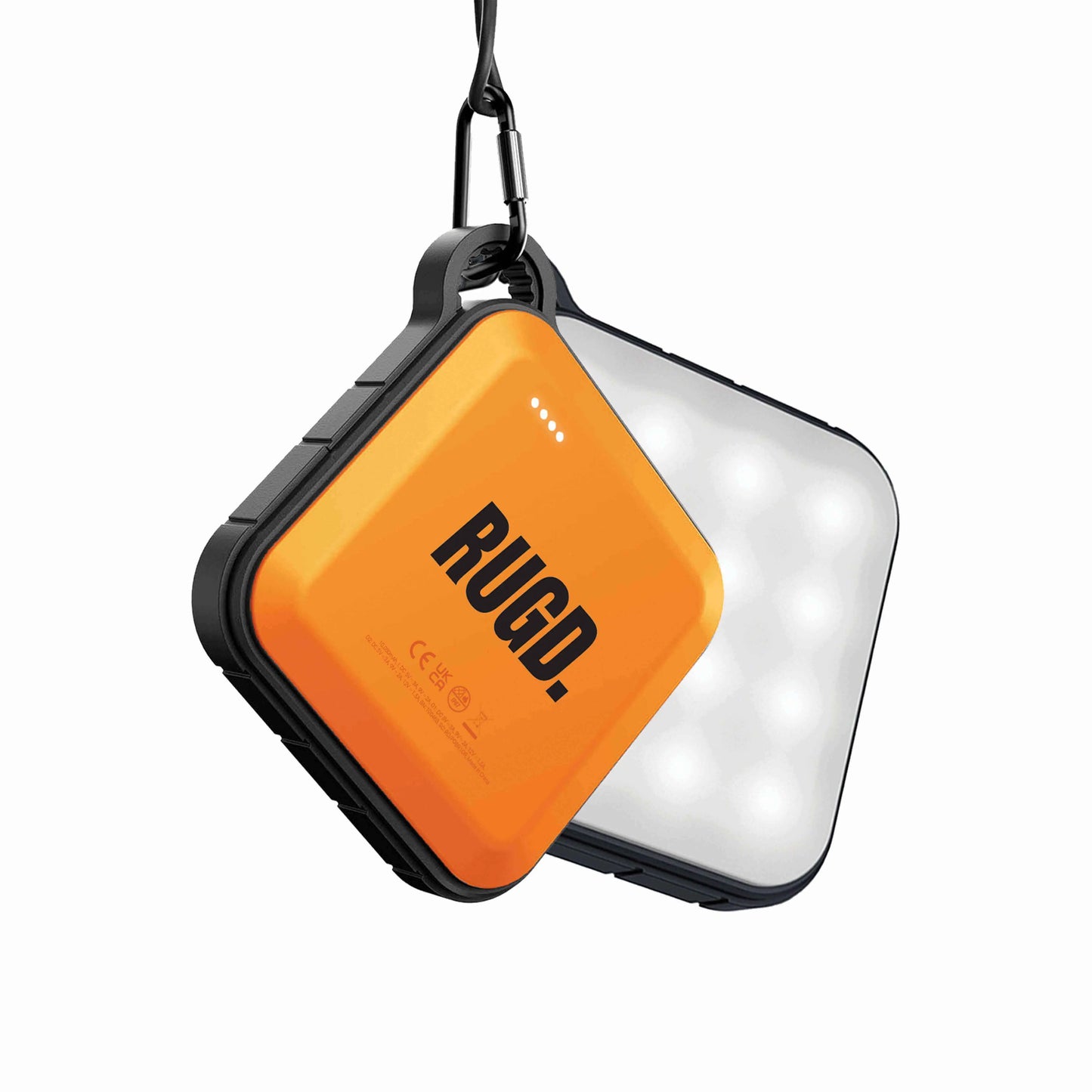 RUGD Power Brick I camping power bank with LED lighting, designed for outdoor adventures and quick device charging.