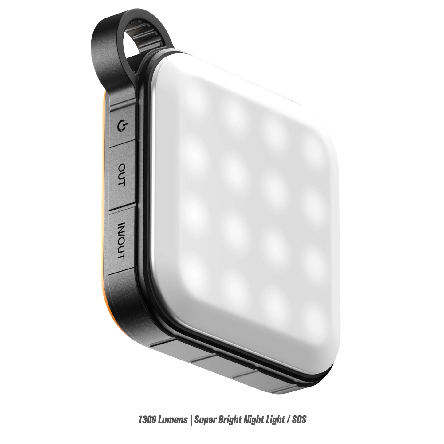 RUGD Power Brick I showing bright white LED light, featuring buttons for input and output, perfect for camping adventures.