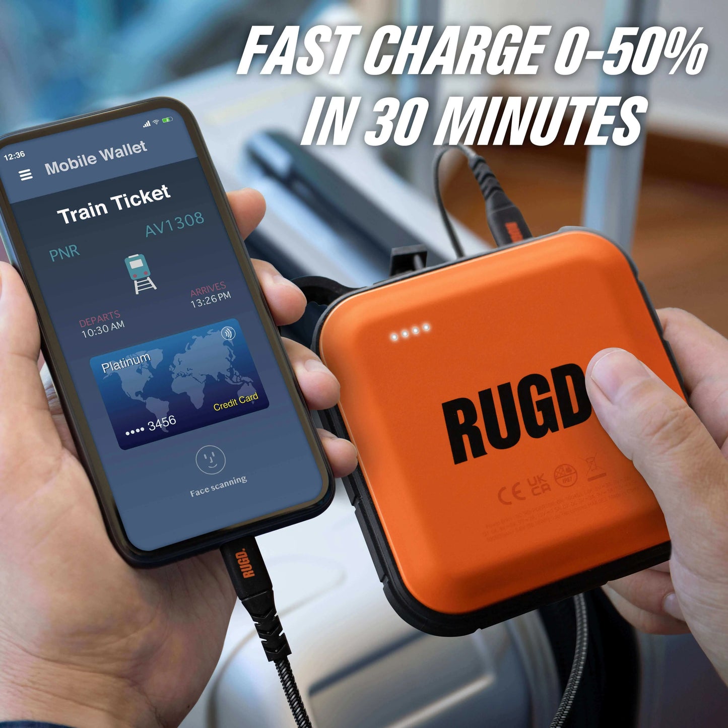 RUGD Power Brick charging a smartphone, demonstrating fast charge from 0-50% in 30 minutes for outdoor enthusiasts.