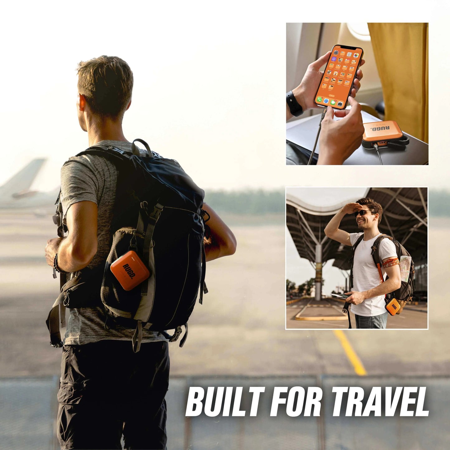 Man with a backpack, using a camping power bank while traveling, showcasing convenience for outdoor adventures.