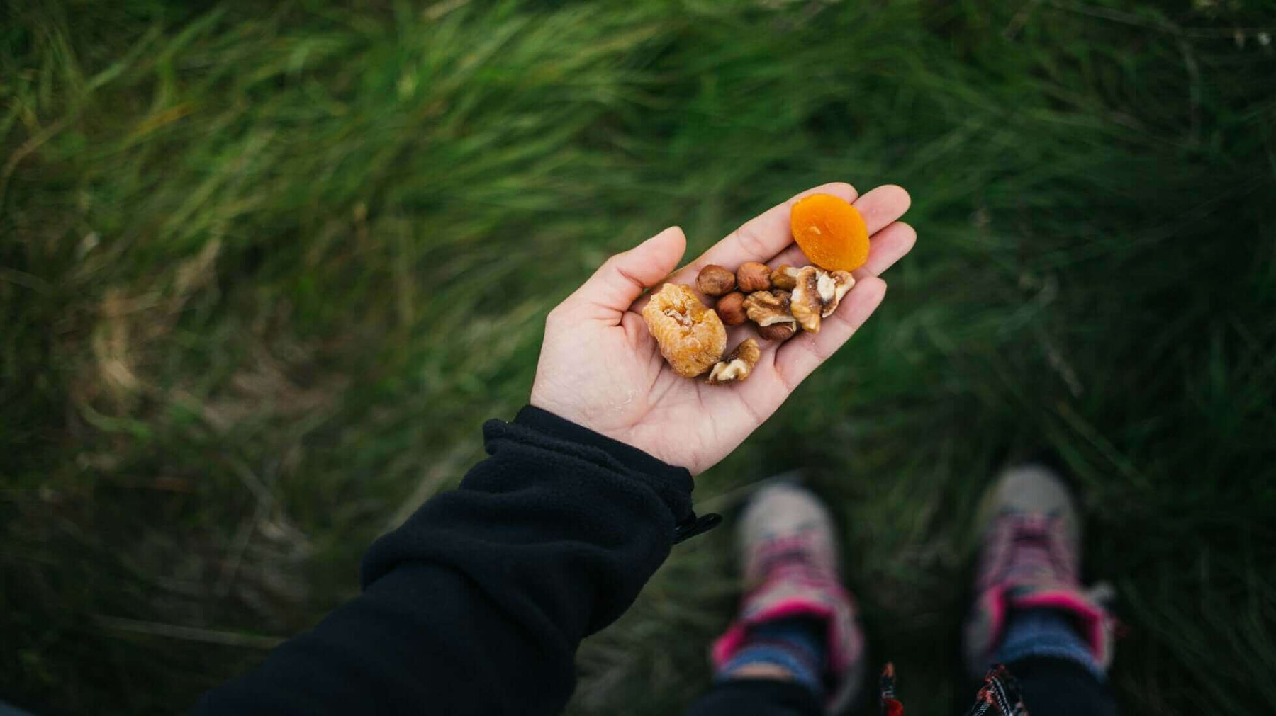 Hand holding energy-packed camping food including nuts and dried fruits with grass and hiking boots in the background.