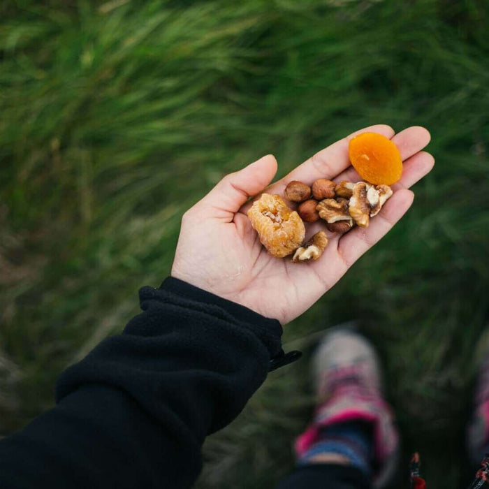 Hand holding energy-packed camping food including nuts and dried fruits with grass and hiking boots in the background.