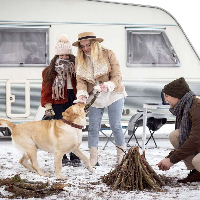 Family camping in the UK, setting up a campfire in the snow beside their caravan with their dog.