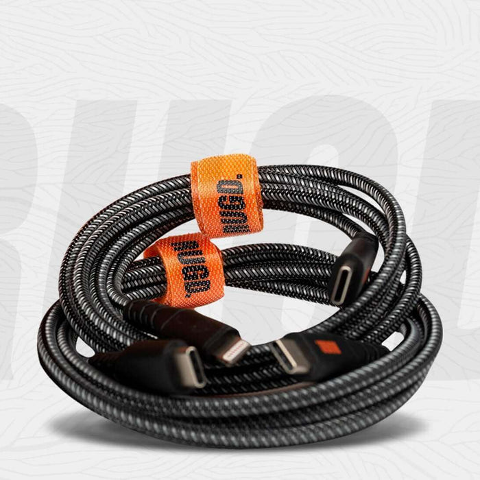 Coiled USB cables with orange cable organizers for effective cable management