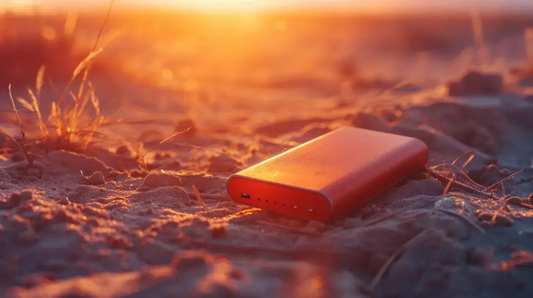 Portable power bank exposed to sunlight on sandy ground, illustrating how temperature affects battery performance and efficiency outdoors.