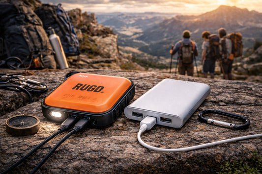 RUGD power bank compared with a regular power bank, showing durable travel tech used in real travel conditions
