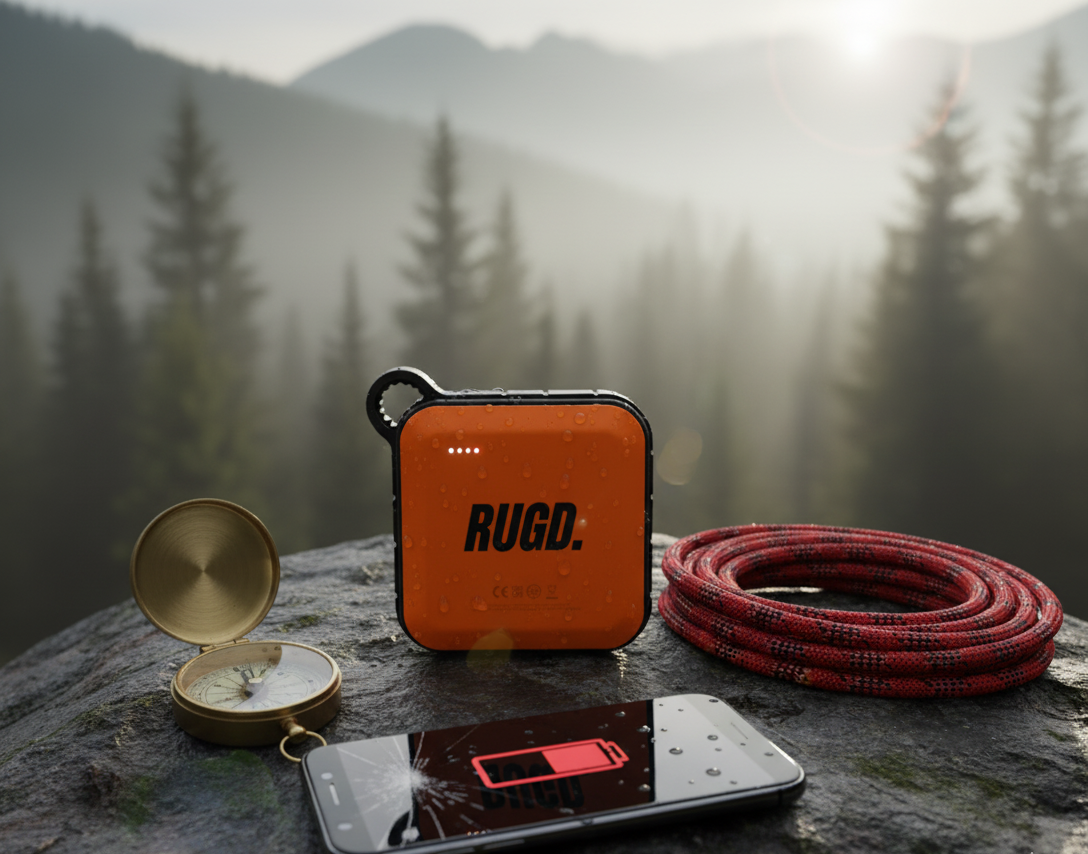 RUGD waterproof camping power bank charging smartphone outdoors with compass and rope in mountain setting