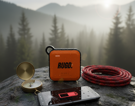RUGD waterproof camping power bank charging smartphone outdoors with compass and rope in mountain setting