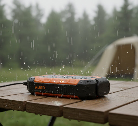 RUGD power bank showing water resistance in outdoor travel conditions