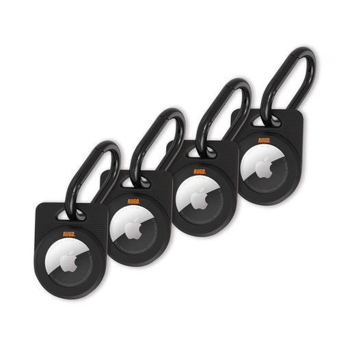 Four rugged black Army Air Tag Cases designed for Apple AirTag with carabiner clips, ideal for camping accessories and outdoor activities.