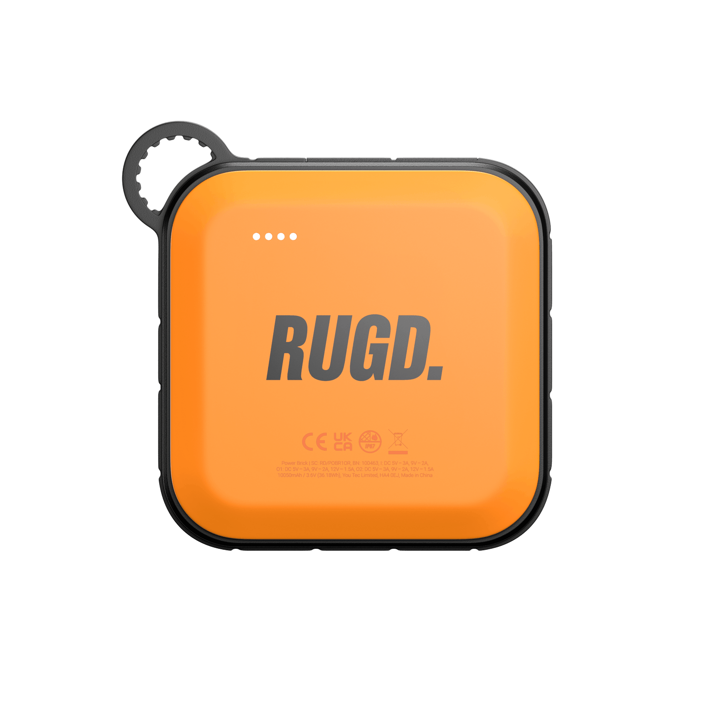 RUGD Power Brick I, an orange camping power bank with charging indicators and a loop for easy carrying.