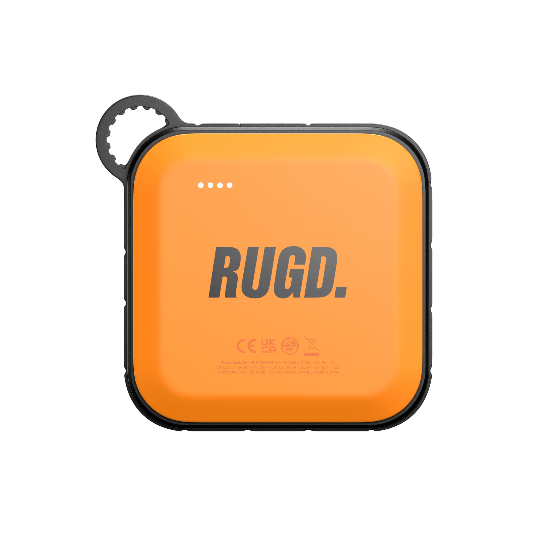 RUGD Power Brick I, an orange camping power bank with charging indicators and a loop for easy carrying.