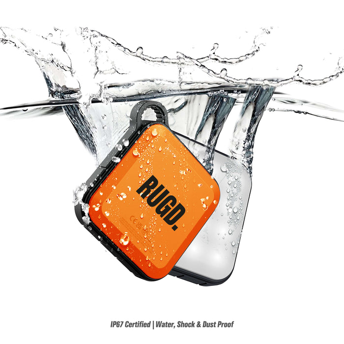 RUGD Power Brick waterproof power bank submerged in water showcasing IP67 certification for water, shock, and dust proof reliability.