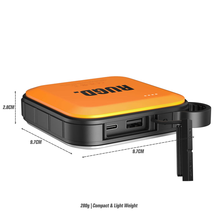 RUGD Power Brick I power bank with dimensions and dual-port charging, suitable for camping and outdoor activities.