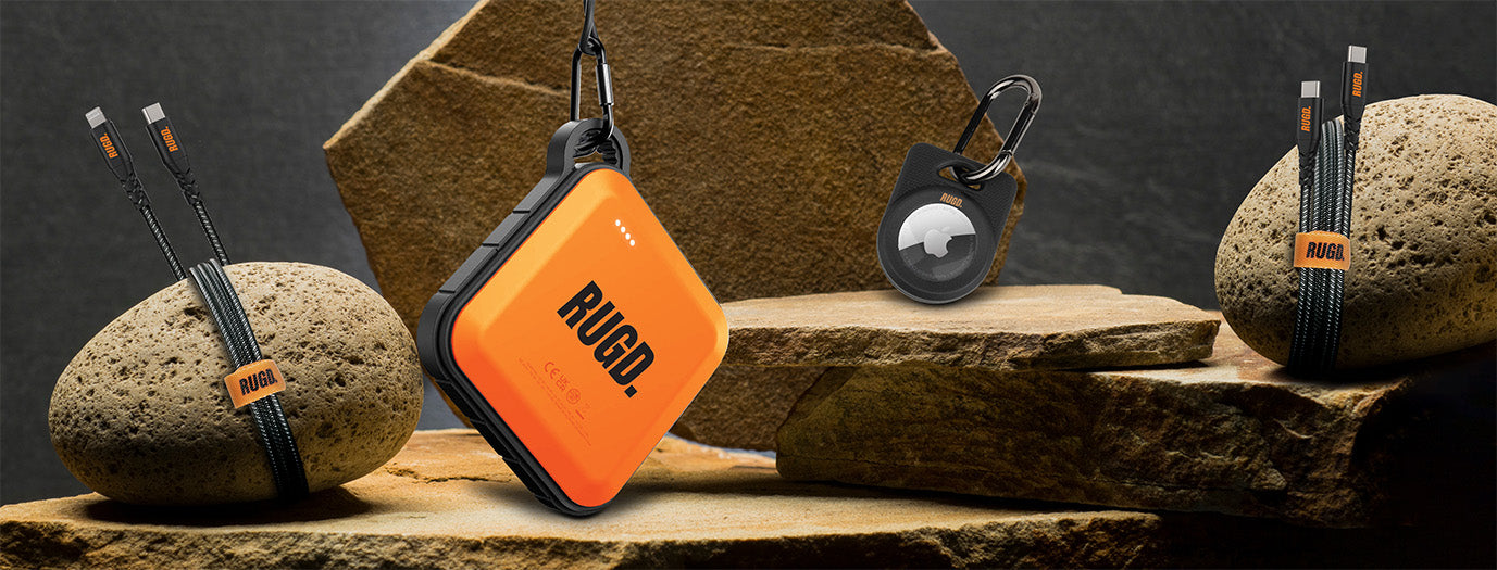 A collection of the RUGD products displayed on rocks.