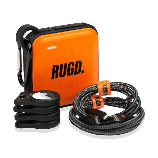 Ultimate Travel Bundle featuring RUGD. Power Brick, Rhino Power Cables (MFi Lightning and USB-C), and four Army AirTag cases - travel essentials