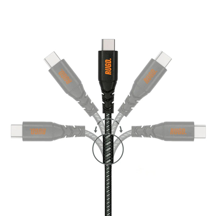 Rhino Power USB-C to USB-C Charging Cable demonstrating flexibility and durability with multiple bending positions.