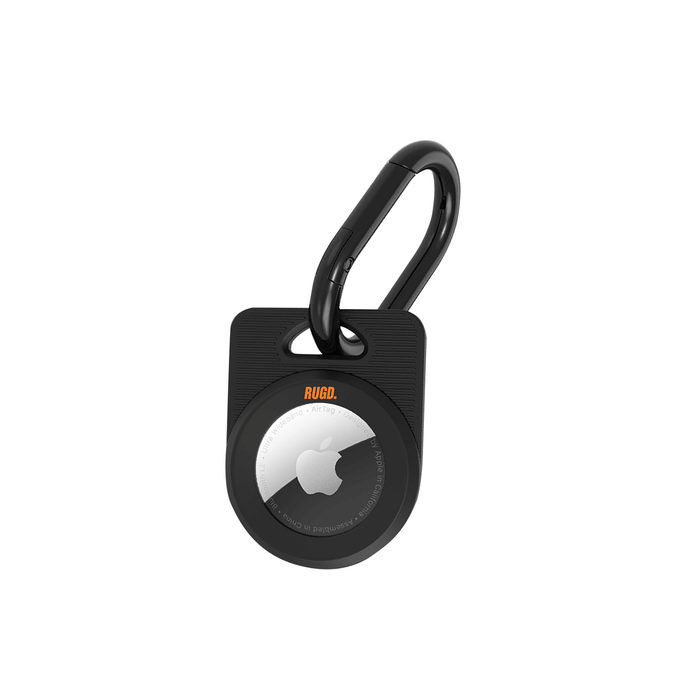 Black Army Air Tag Case for Apple AirTag with carabiner clip, ideal camping accessory for securing valuables.